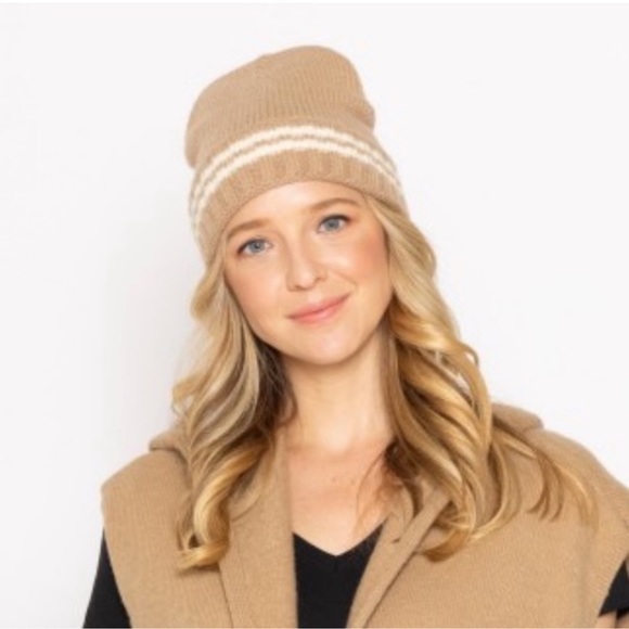 Trendy Camel Colored Knit Striped Beanie Hat - Picture 1 of 1